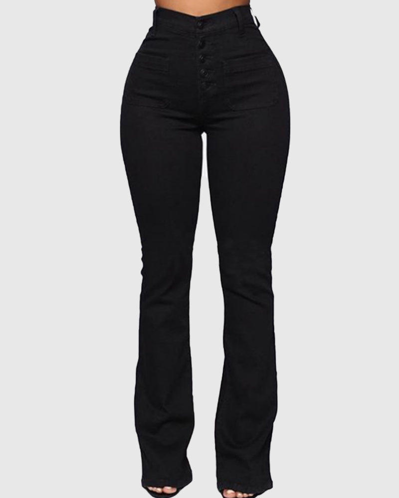 High Waist Washed Stretch Single Breasted Multi Button Straight Leg Jeans