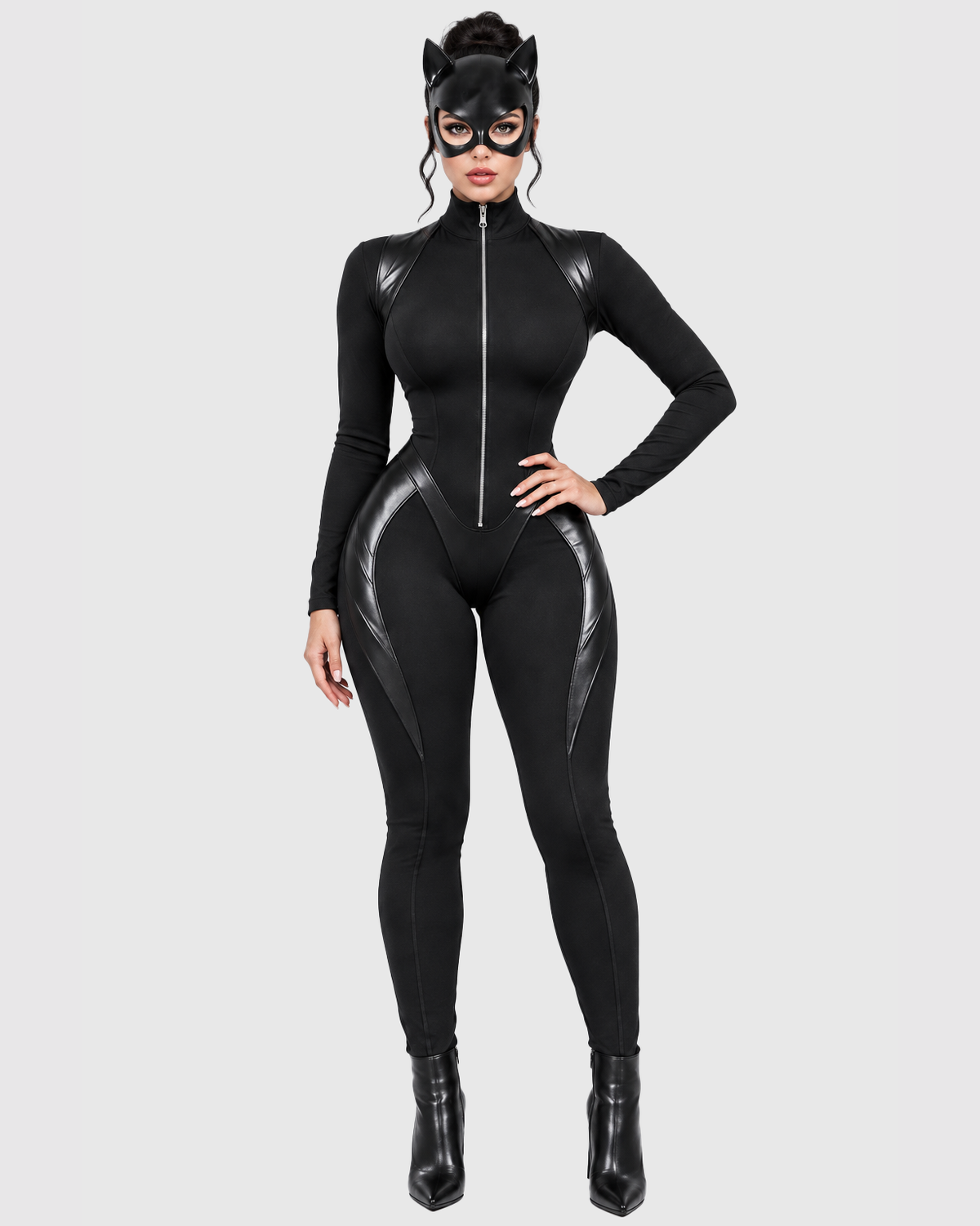 Faux Leather Panel Front Zipper Long Sleeve Shaping Jumpsuit