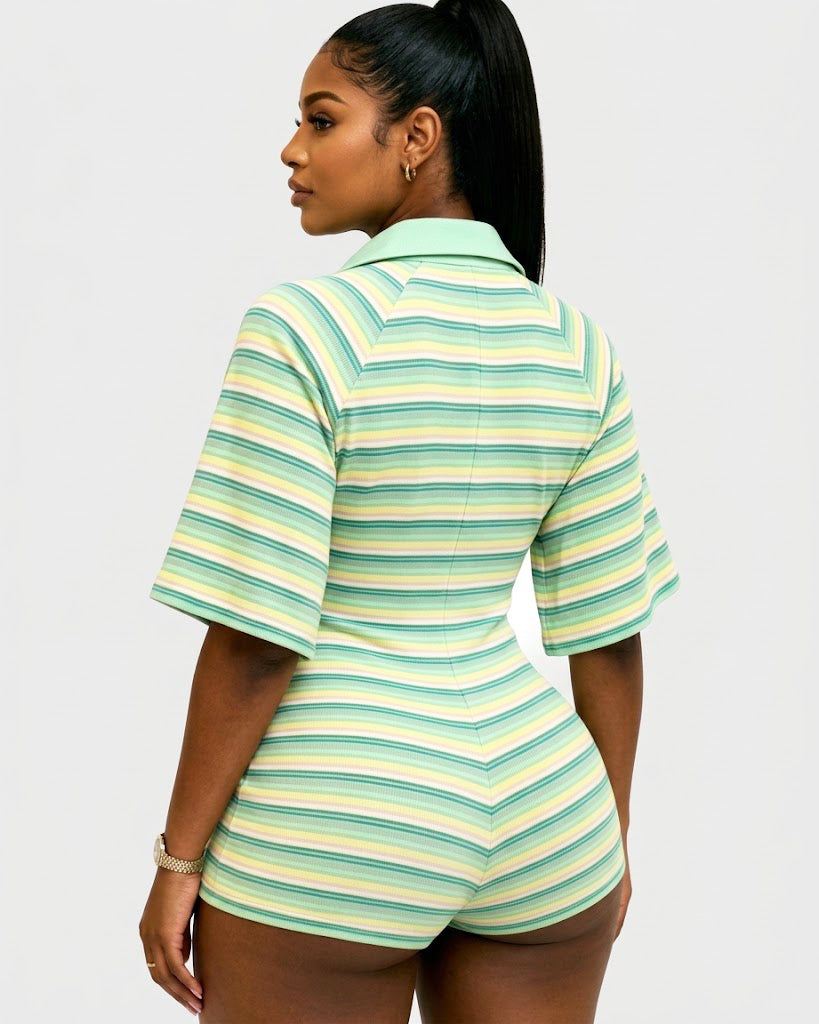 Striped Ribbed Polo Hourglass Romper with Button Front