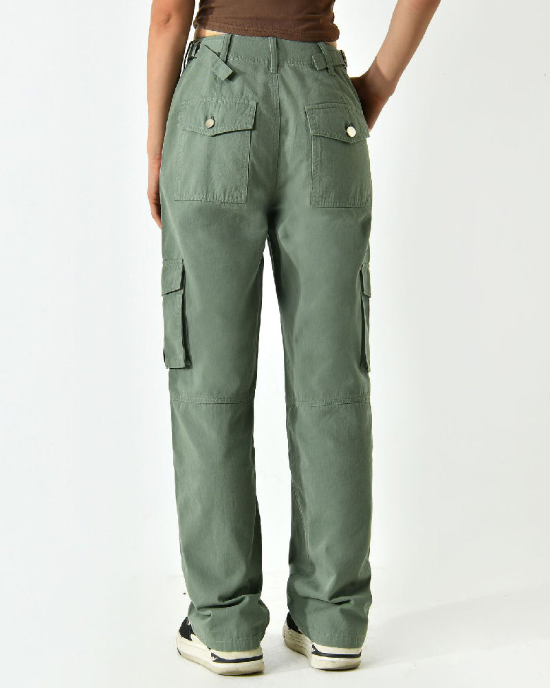 Pantalones cargo casuales de pierna recta con bolsillos con solapa y talle medio para mujer