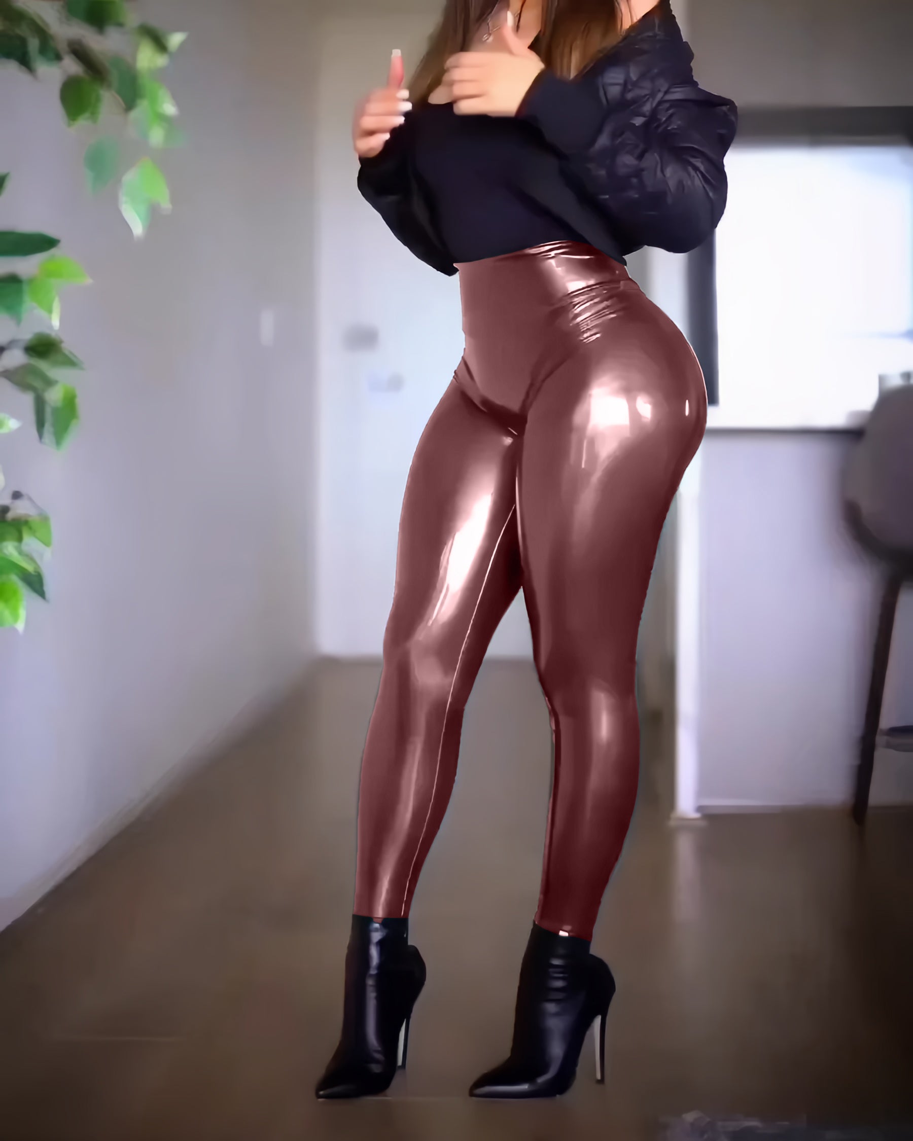 Shapshe® High Waisted Butt Lifter Leggings Shiny Faux Leather Pants