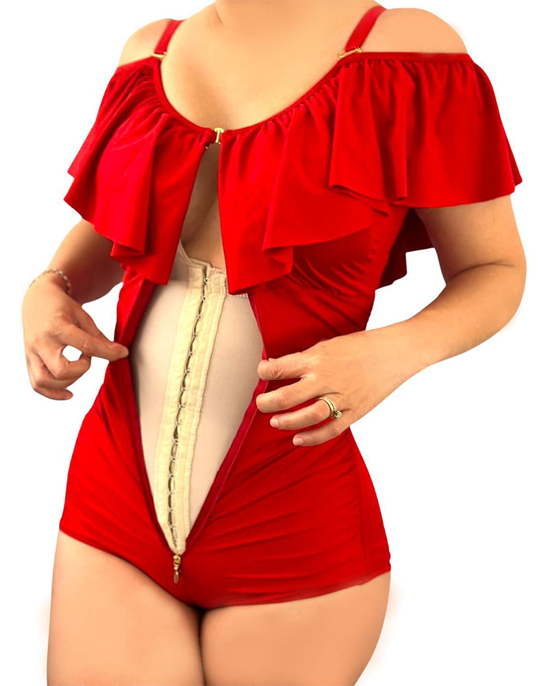 Shapshe® Fajas Colombianas One Piece Ruffled Tummy Control Triangle Swimsuit