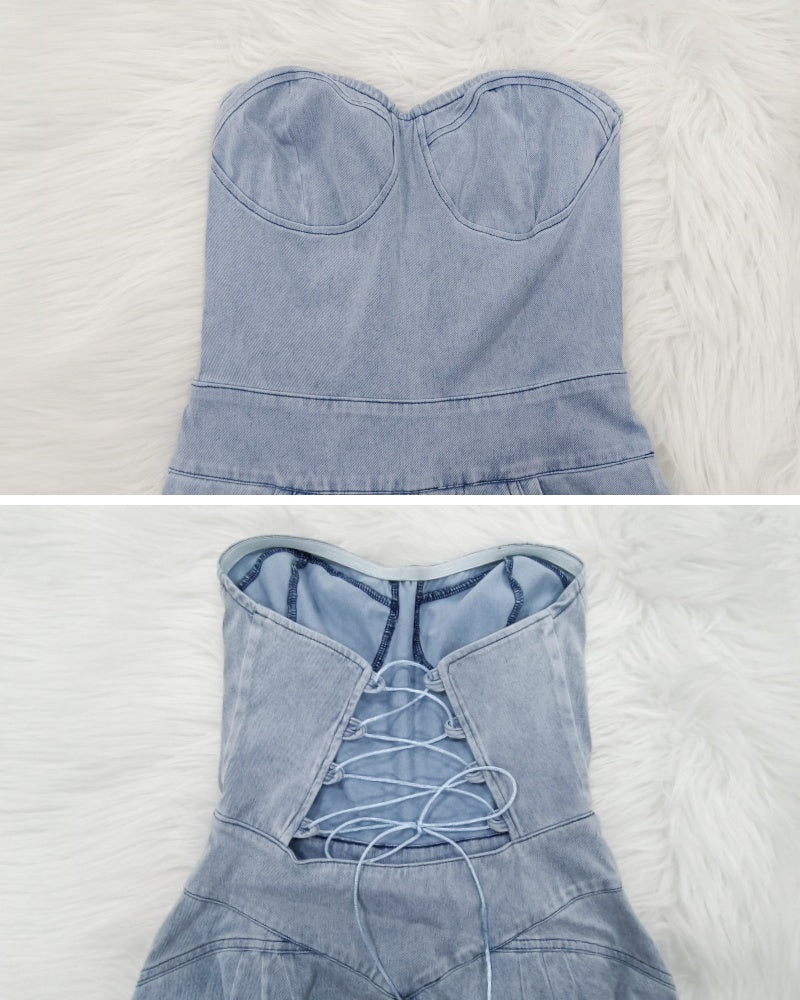 Shapshe® Bandeau Back Tie Slim Fit Denim Jumpsuit for Women