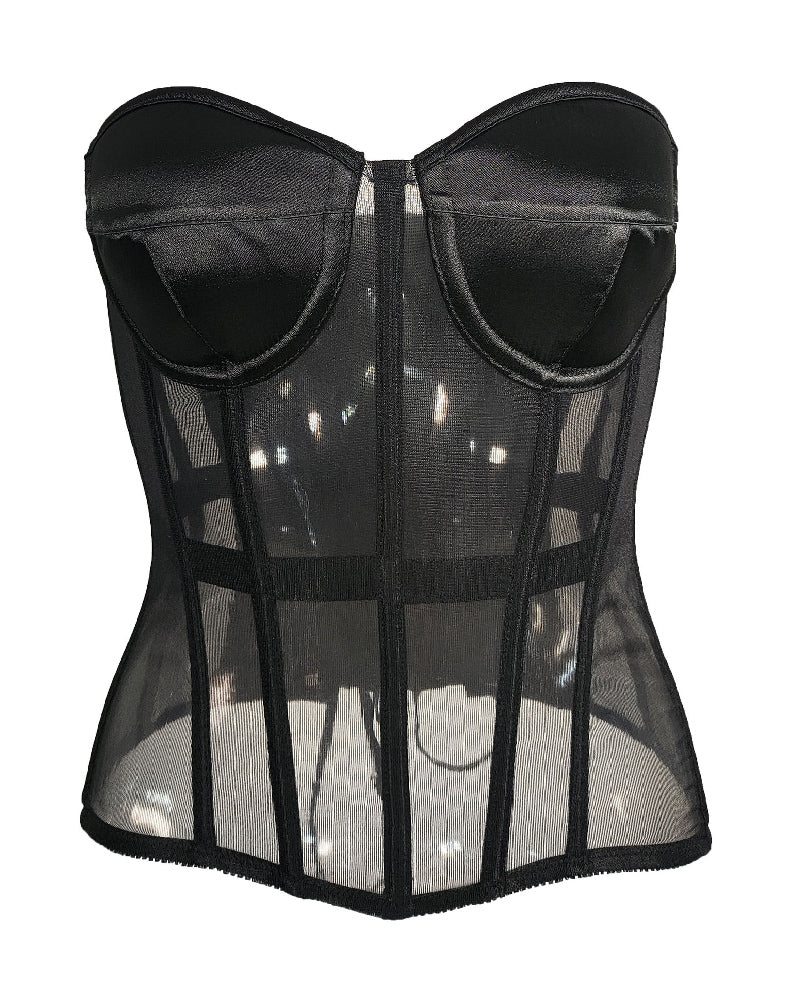 Women's Sexy Mesh Overbust Corset Tops Vintage See Through Slim Bustiers
