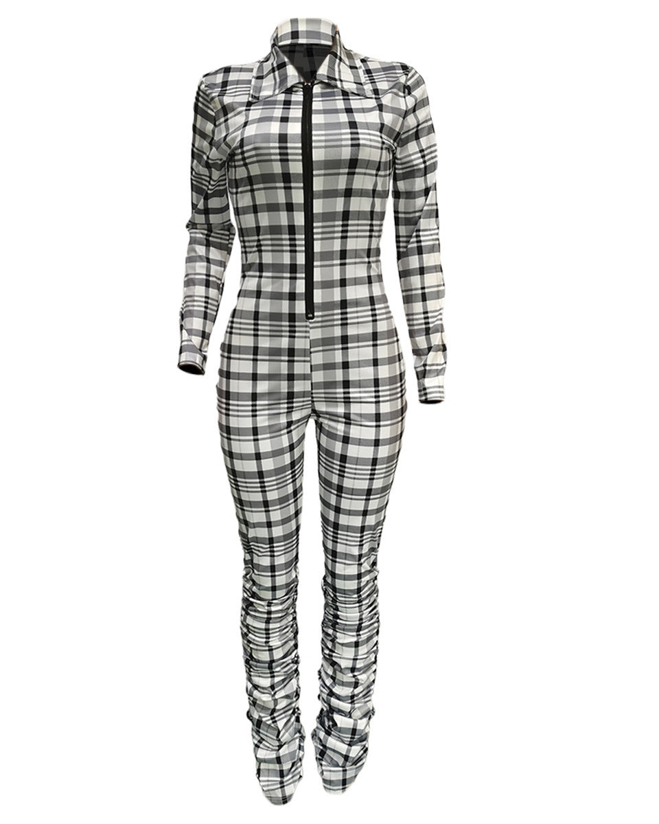 Plaid Collar Front Zipper Long Sleeve Ruched Jumpsuit