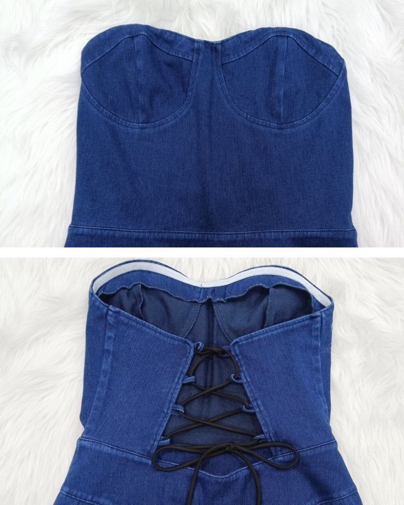 Shapshe® Bandeau Back Tie Slim Fit Denim Jumpsuit for Women