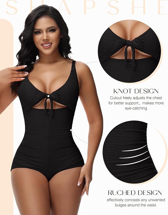 Shapshe® Women's Tummy Control Swimsuit Cutout Tie Knot Front Push Up Shapewear Bathing Suit