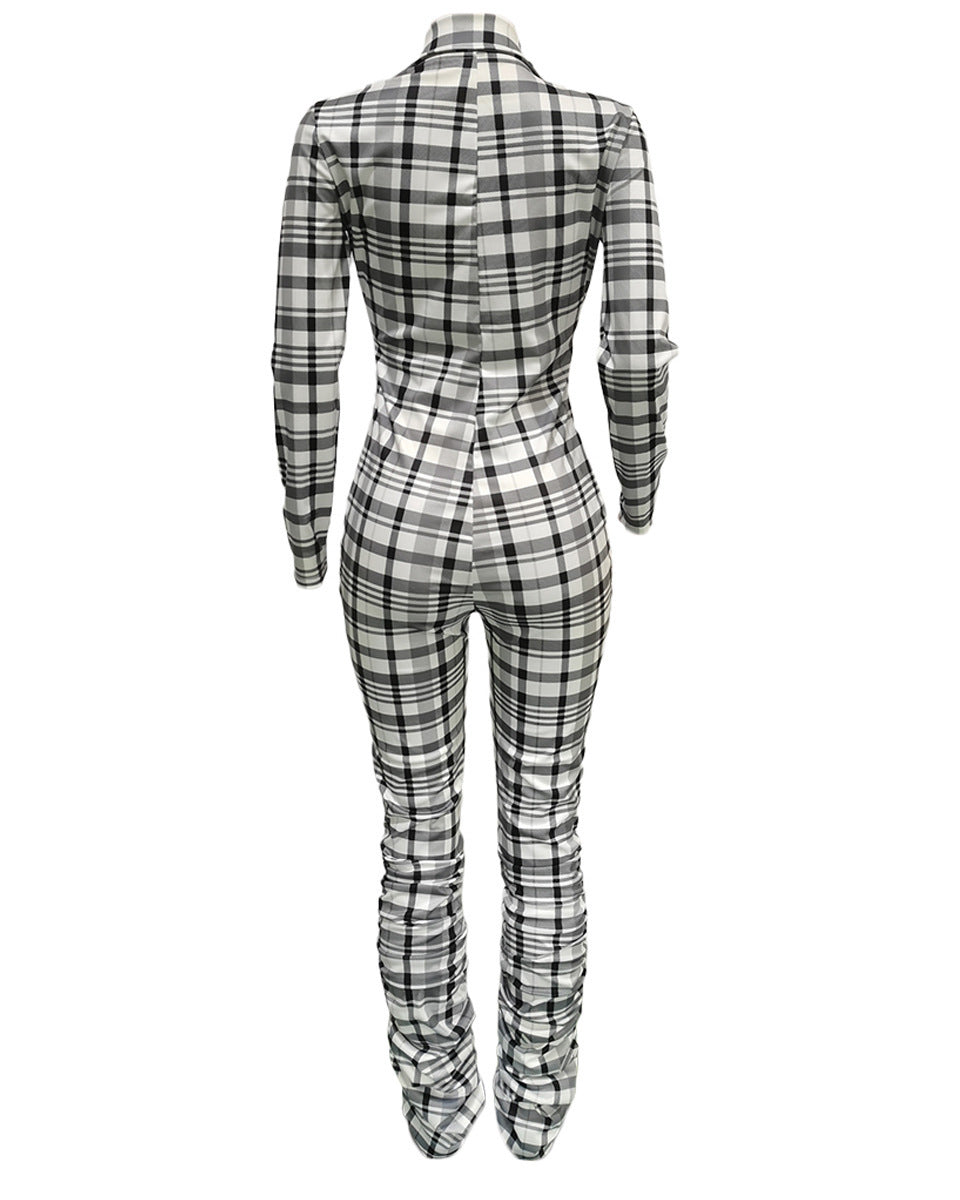 Plaid Collar Front Zipper Long Sleeve Ruched Jumpsuit