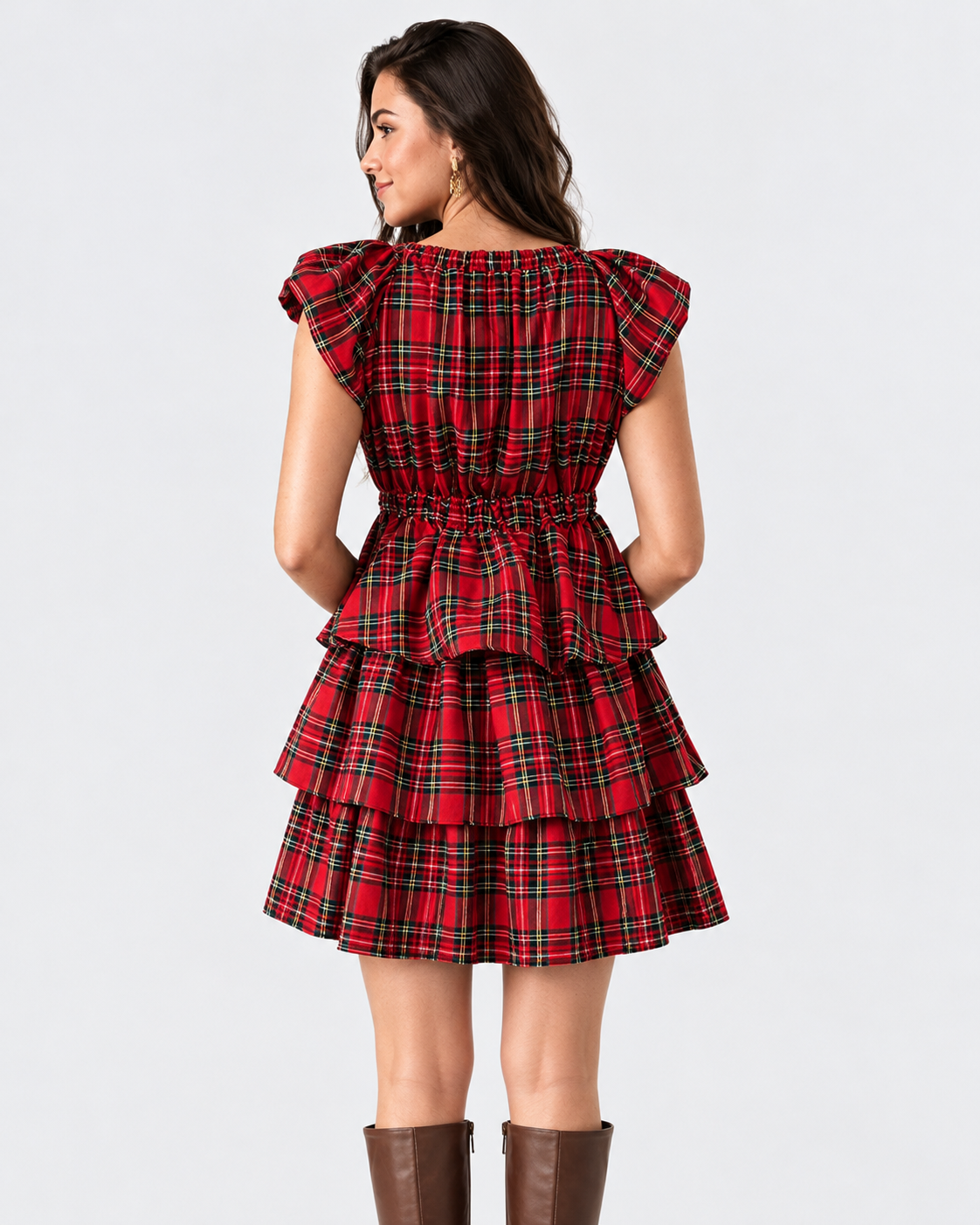 Christmas Plaid Bow V Neck Ruffled Tiered Mini Dress
