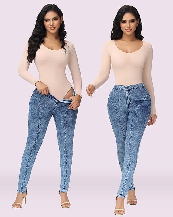Shapshe® Women's Long Sleeve V Neck Seamless Bodysuits Tummy Control Thong Shapewear