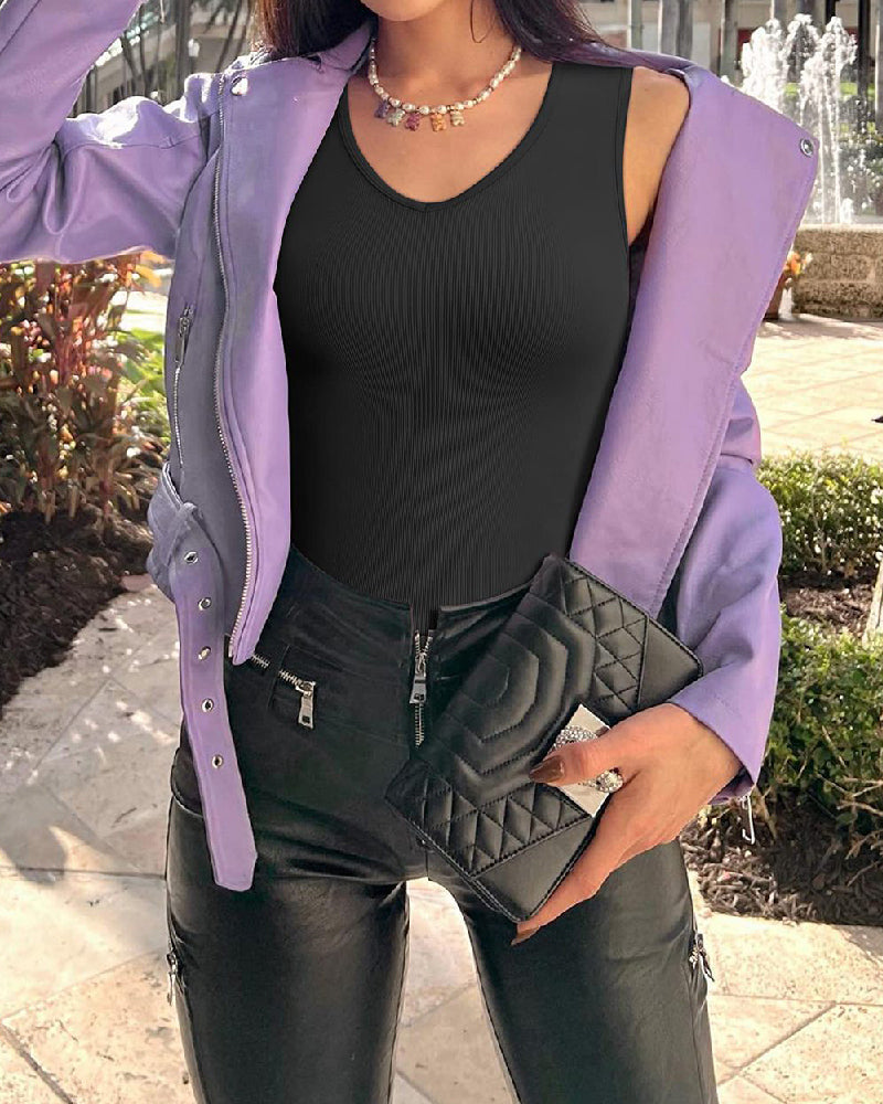 Body sexy acanalado con cuello en V sin mangas para mujer