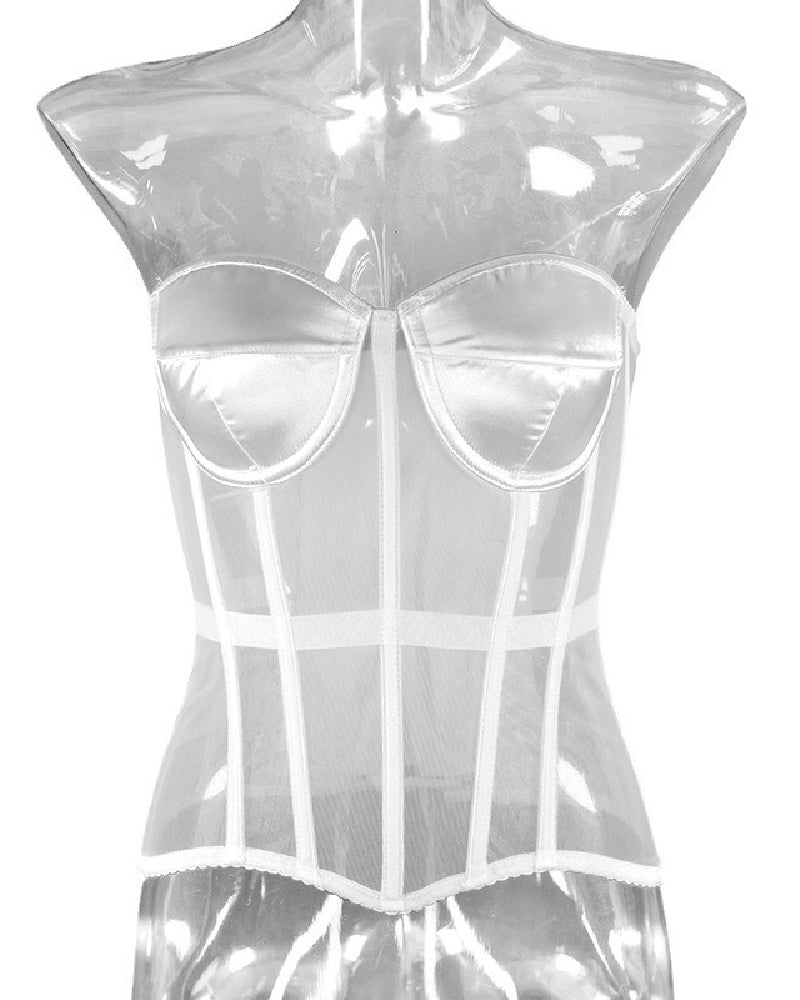 Women's Sexy Mesh Overbust Corset Tops Vintage See Through Slim Bustiers