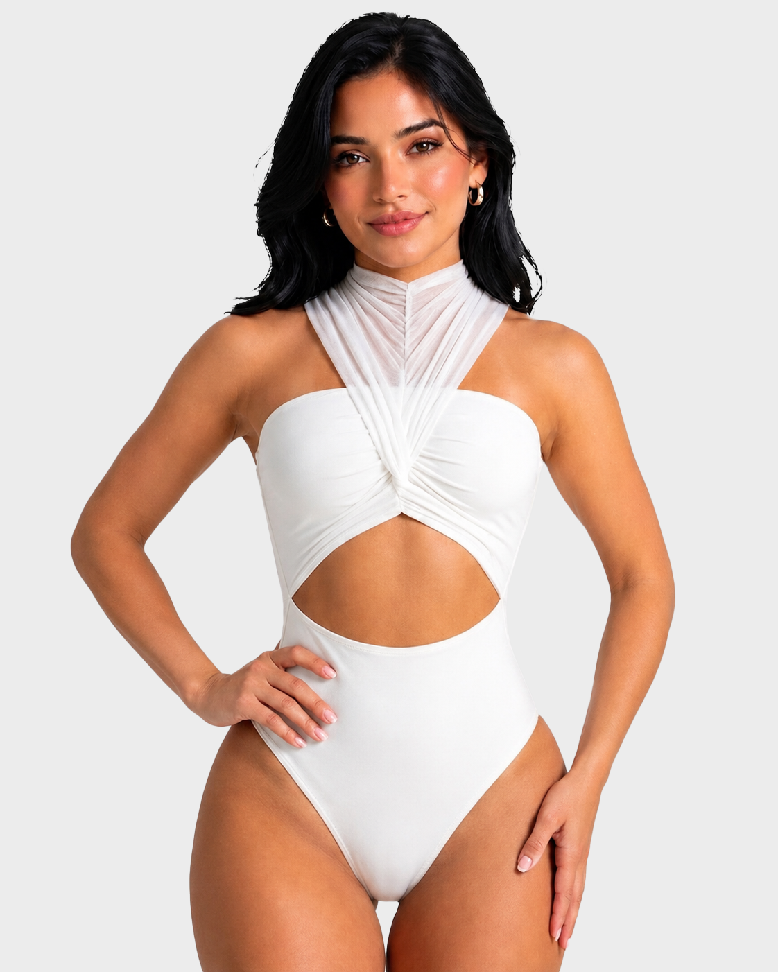 Sheer Mesh High Neck Twist Front Cutout Bodysuit