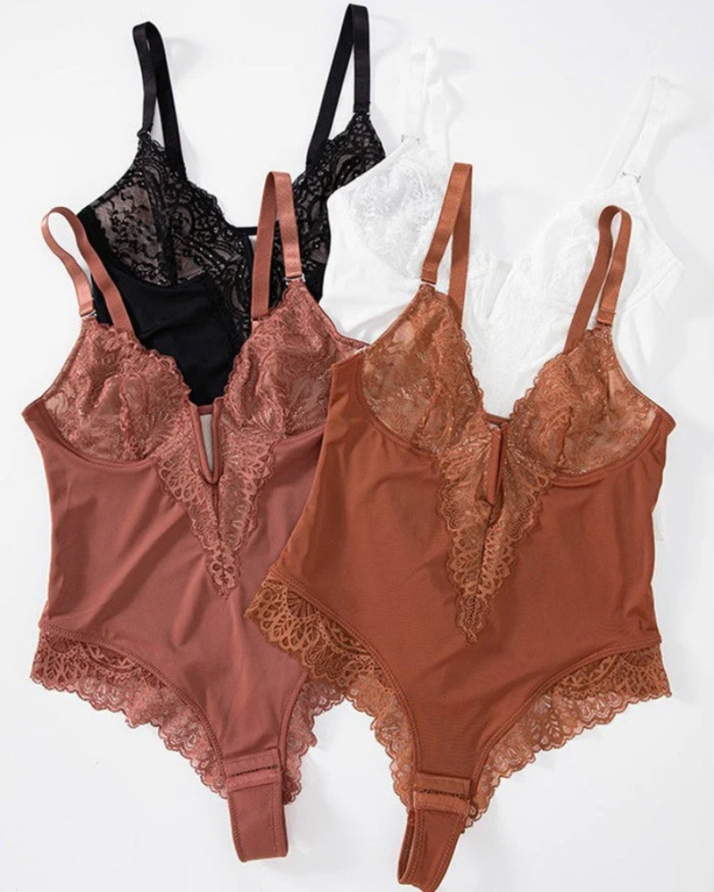 Body sexy de encaje con cuello en V profundo