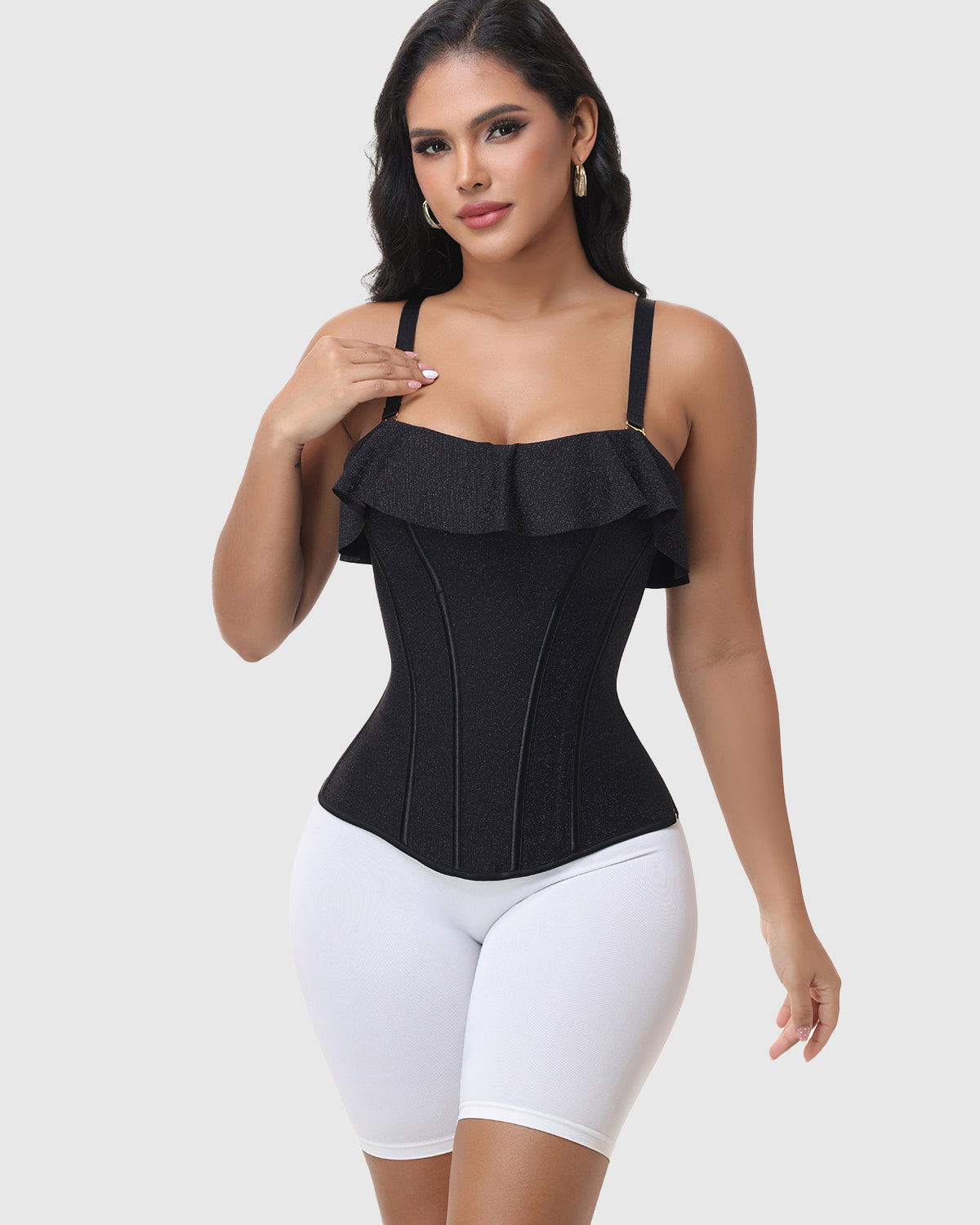 Black Shimmer Ruffle Trim Corset Top with Adjustable Straps