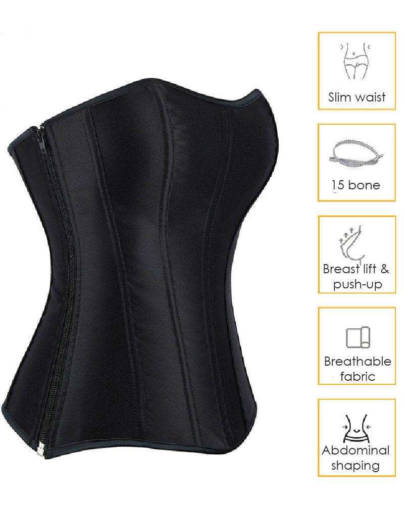 Shapshe® Women's Satin Lace Up Boned Corset Top Overbust Side Zipper Waist Trainer