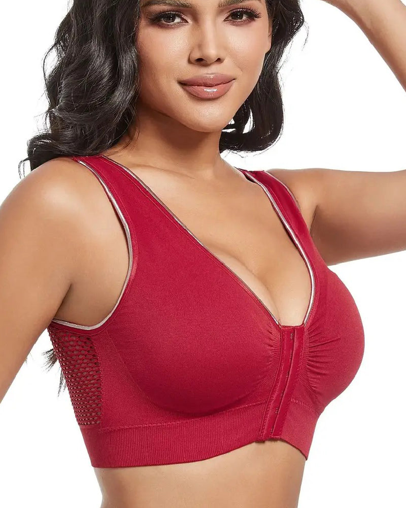 Sujetador deportivo inalámbrico transpirable hueco sólido con hebilla frontal de talla grande para mujer