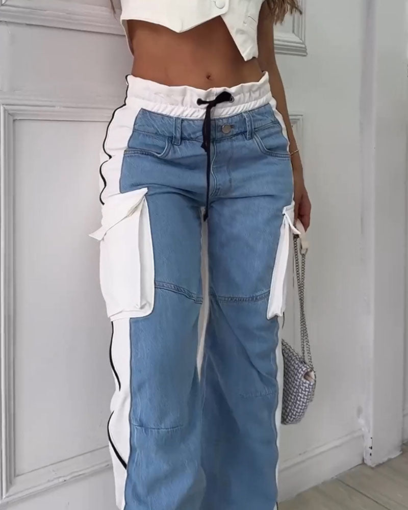 Shapshe® Lace-Up Elastic Waist Patchwork Cargo Jeans With Multi-Pocket