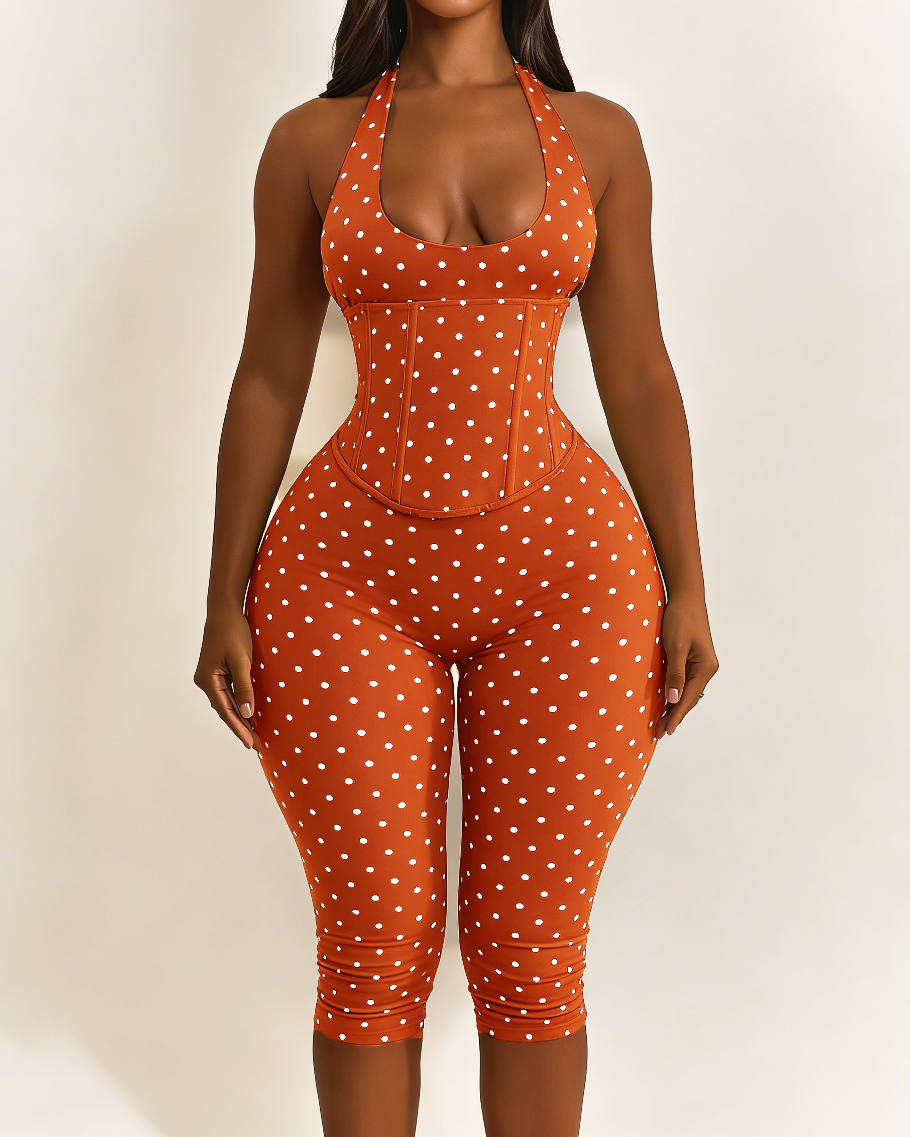 Hourglass Figure Body Shaper Waist Cincher Polka Dot Capri Jumpsuit Two-Piece Set