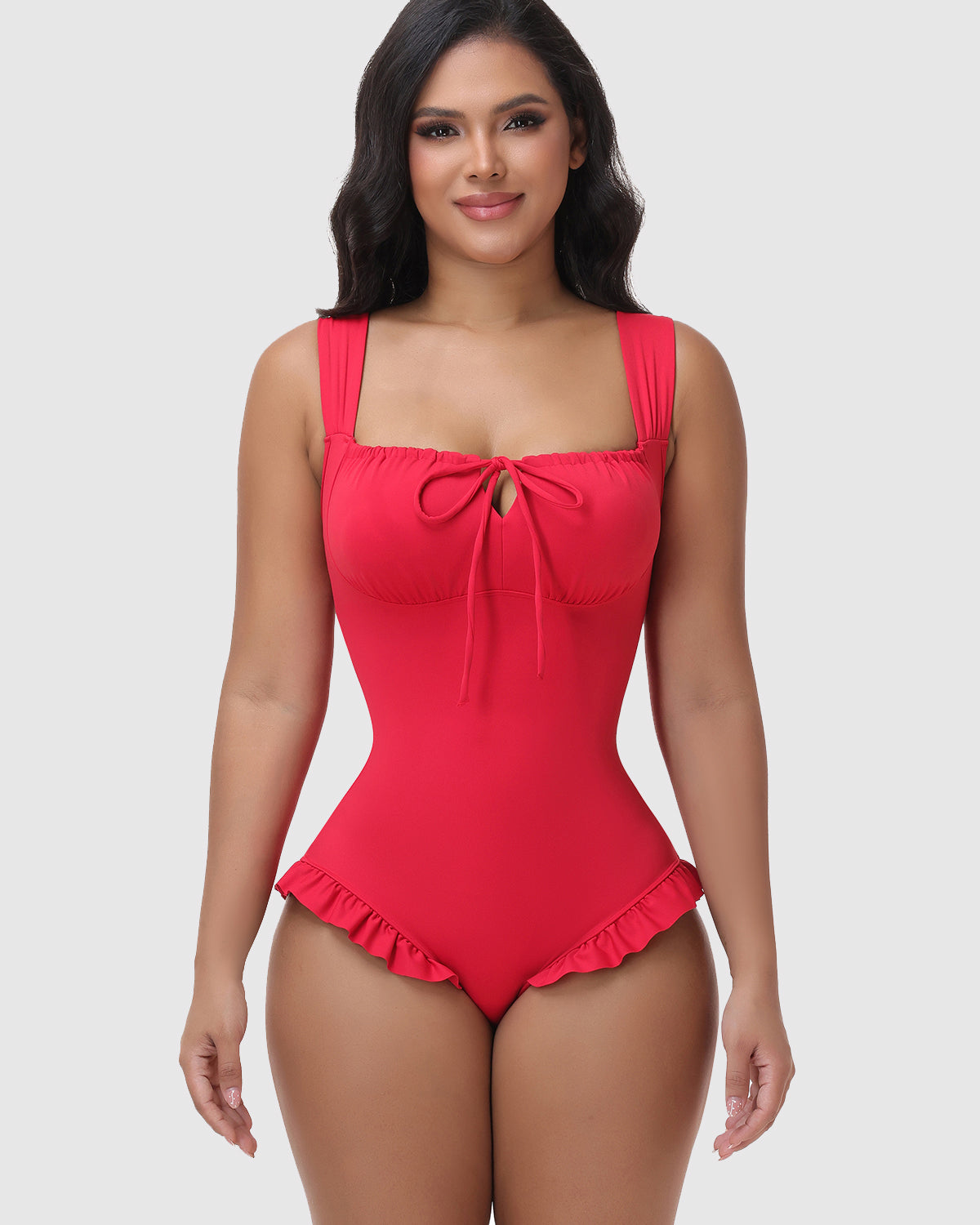 Square Neck Front Tie Ruffle Hem One Piece Hourglass Swimsuit