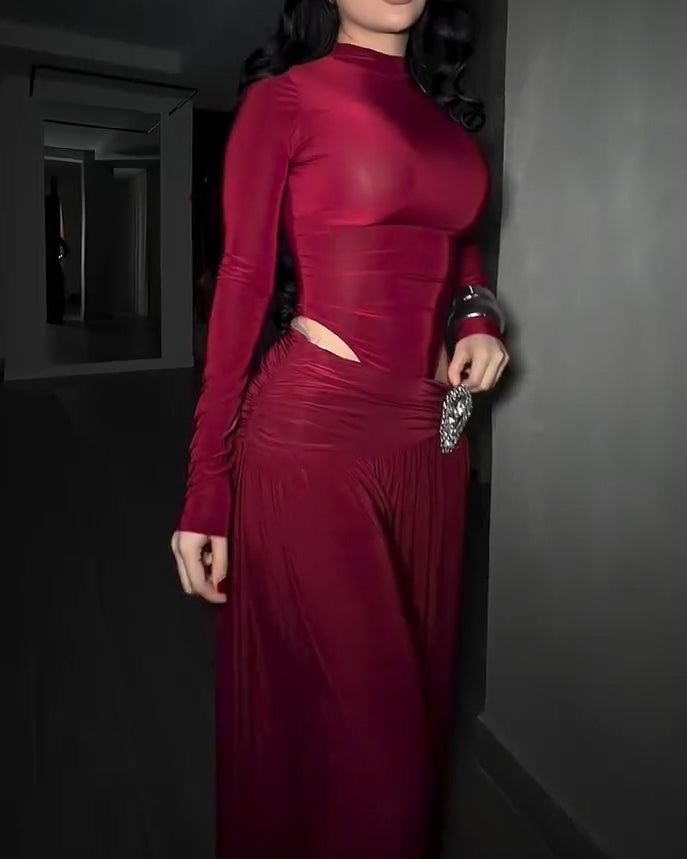 Two-Piece Set Turtleneck Side Cutout Rhinestone Wide Leg Pants