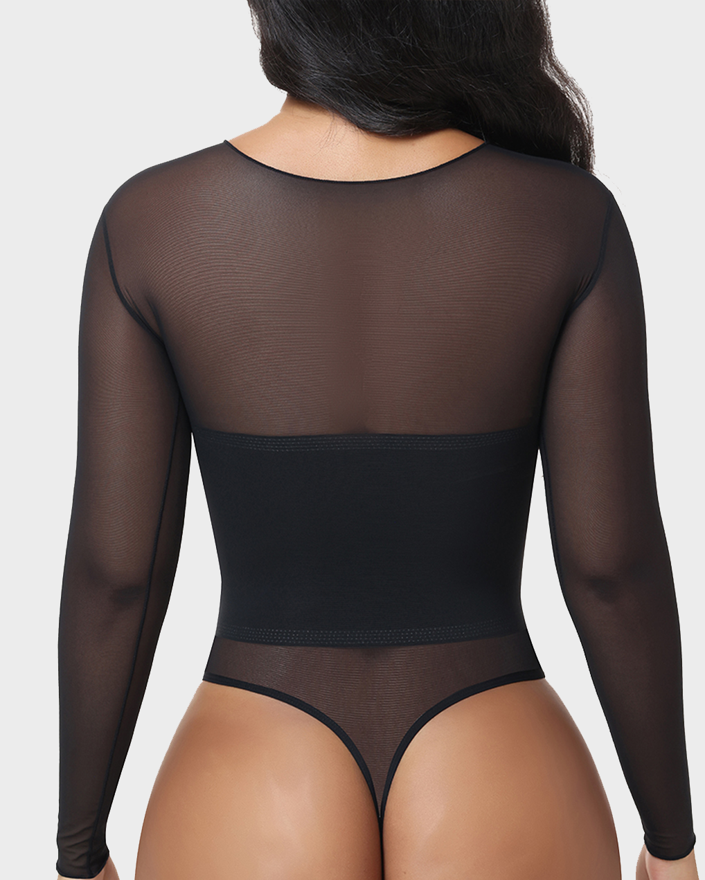 Sheer Mesh Long Sleeve Tummy Control Thong Shaping Bodysuit