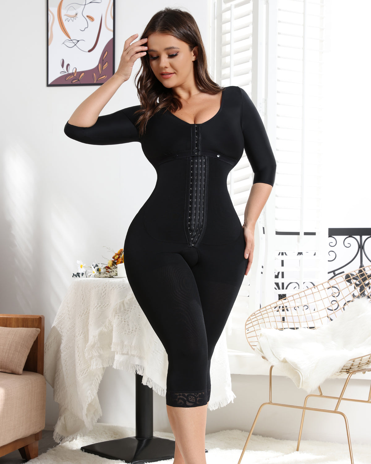Shapshe® Black Women's Mid-sleeveJumpsuit with Tummy Control Butt Lift Shapewear