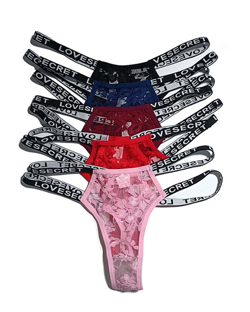 Lencería sexy de encaje floral con cinta de letras ahuecada y tanga sin costuras
