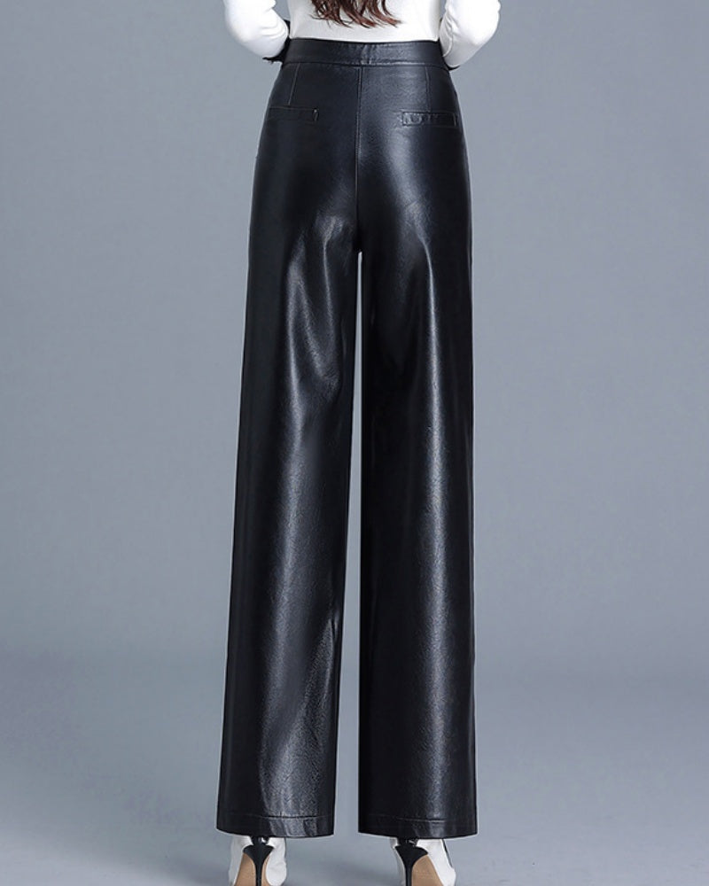 Versatile PU Leather Wide-leg Leather Pants for Women High Waist Slim Straight Pants