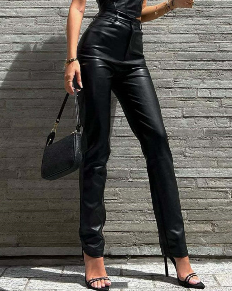 Simple High Waist PU Leather Casual Pants