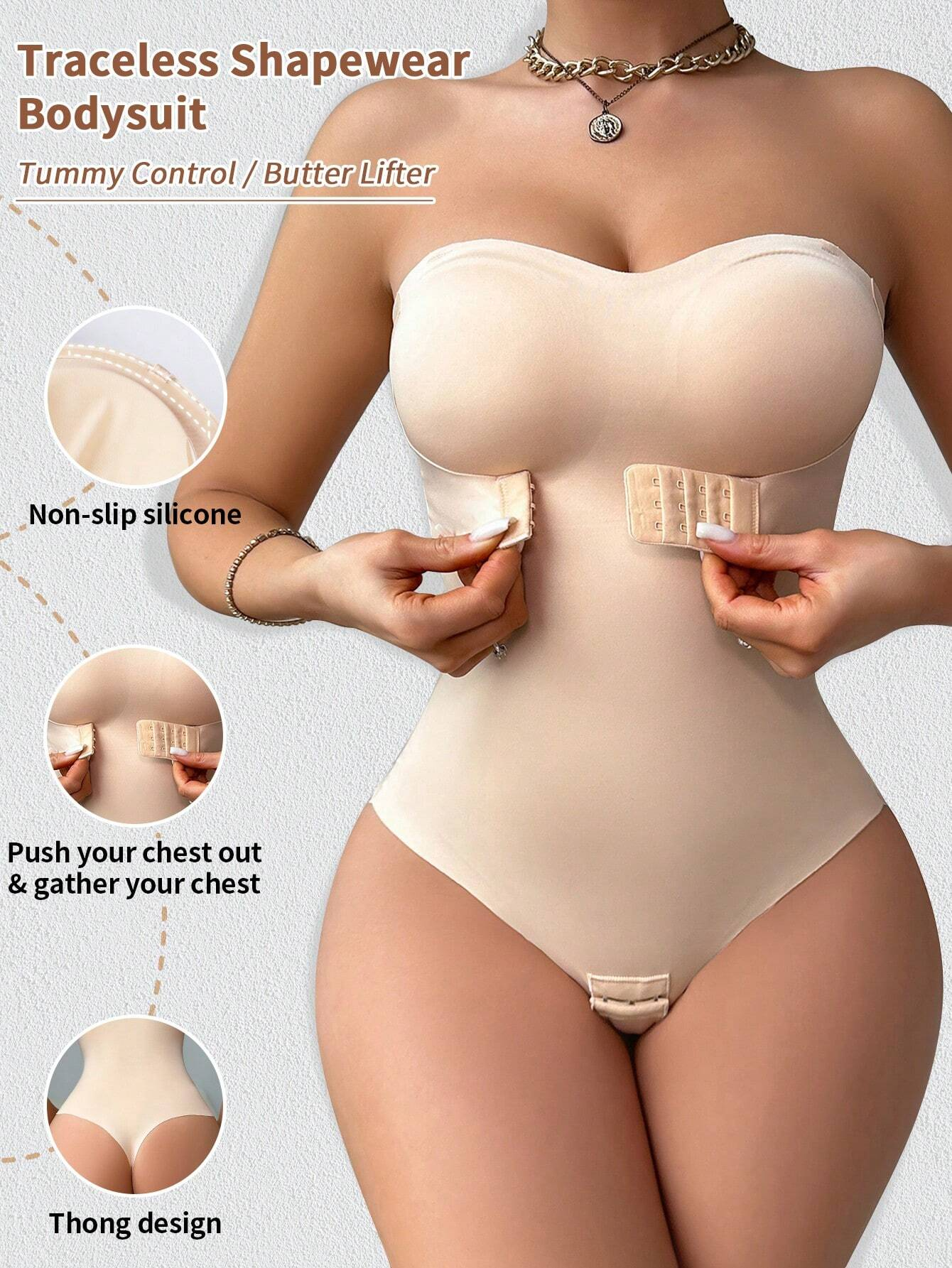 Women's Strapless Tummy Control One Piece Seamless Thong Shapewear Bodysuits