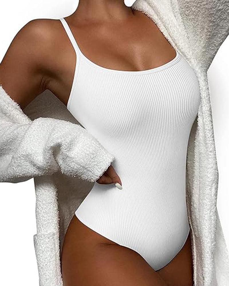 Women's Sexy Ribbed Sleeveless Solid Spaghetti Strap Bodysuit Shapewear