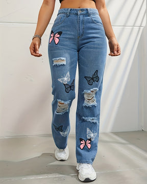 Butterfly Print Ripped Straight High Waist Contrast Jeans