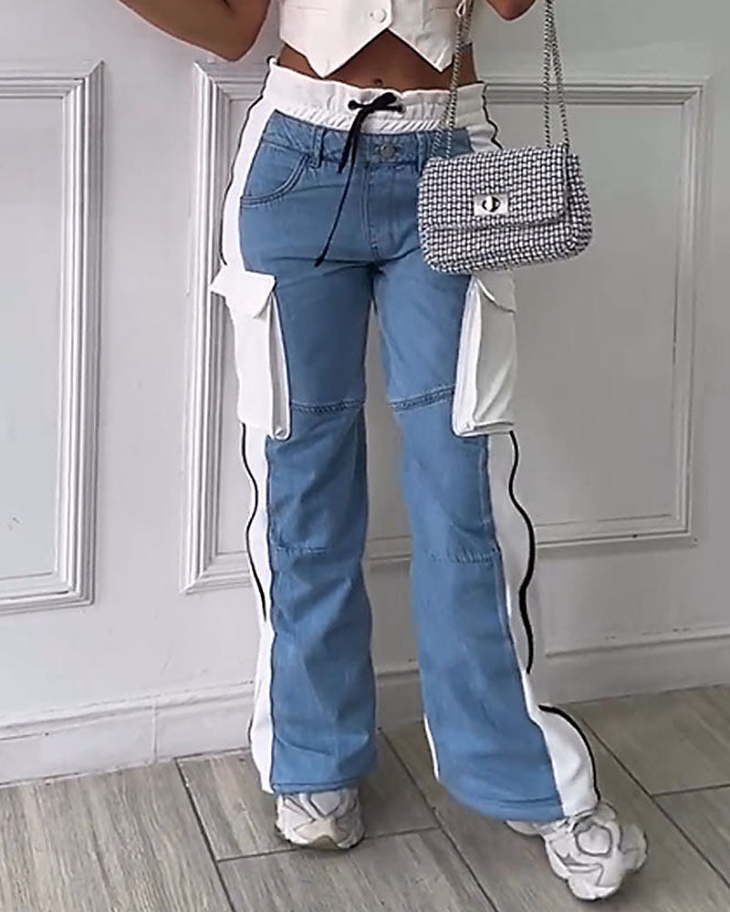 Shapshe® Lace-Up Elastic Waist Patchwork Cargo Jeans With Multi-Pocket