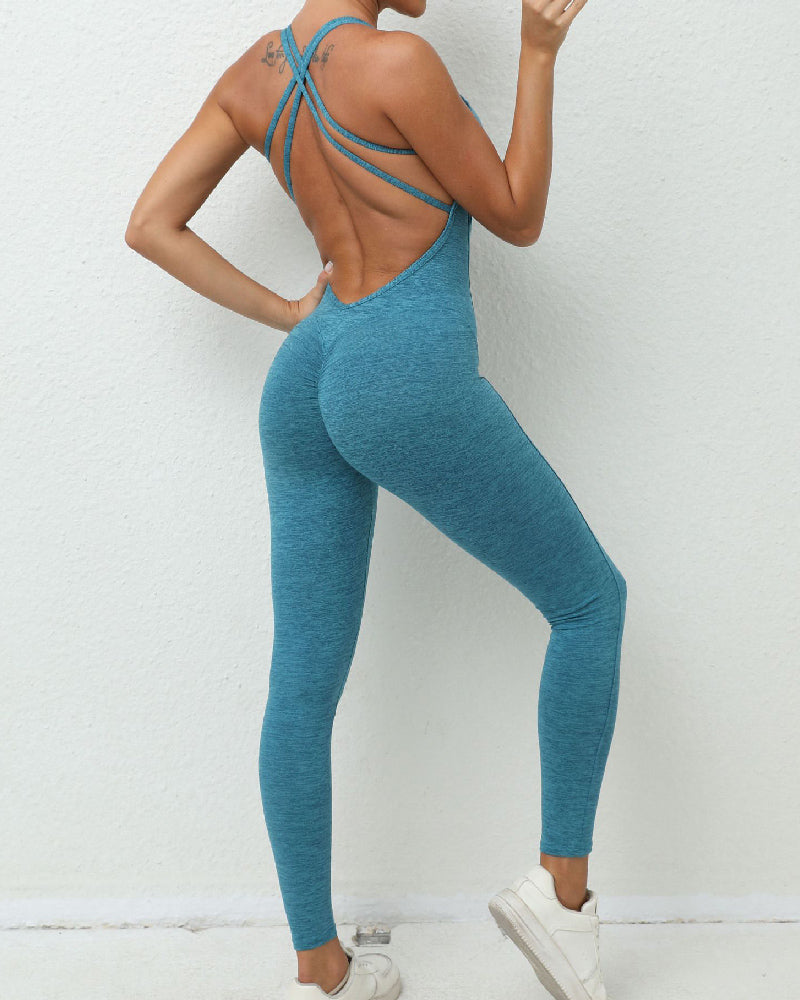 Sexy One Piece Sports Cross Beauty Back Multicolor Leggings Jumpsuit