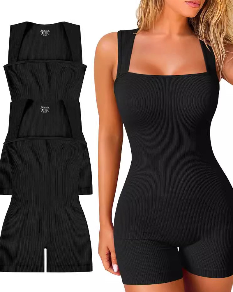 Ribbed Sleeveless Yoga Rompers Tank Tops Square Neck Jumpsuit