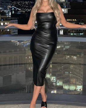 Sexy Slim Fit Leather Vest Maxi Dress with Suspenders for Curvy Women