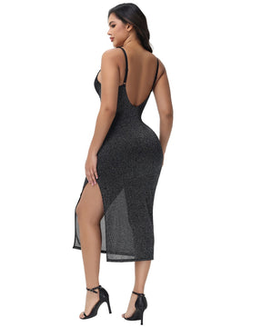 Sexy Lace V Neck Metallic Sparkling Bodycon Slit Cami Midi Slip Dress