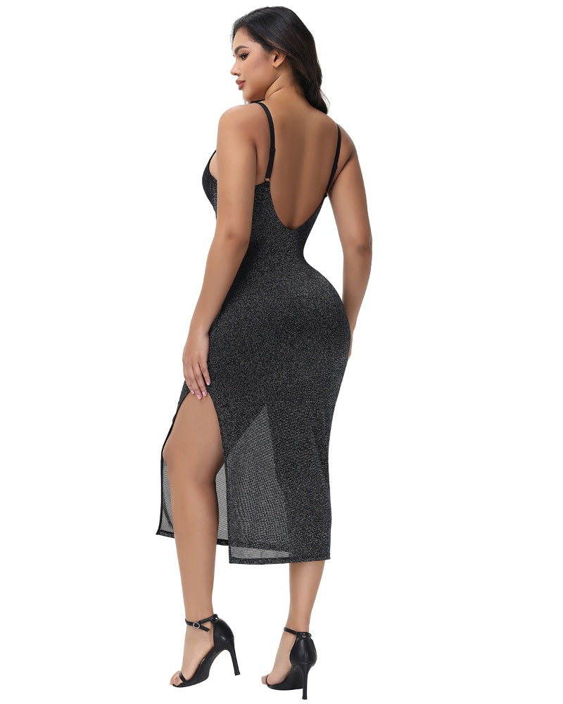 Sexy Lace V Neck Metallic Sparkling Bodycon Slit Cami Midi Slip Dress