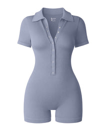 Ribbed Short Sleeve Stand Collar Rompers Front Buttons Stretch Exercise Jumpsuits