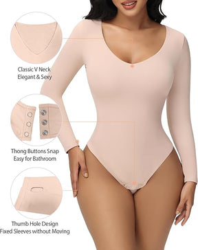 Women's Long Sleeve V Neck Seamless Bodysuits Tummy Control Thong Shapewear