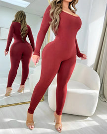 Women's Sexy Long Sleeve Scoop Neck High Waist Sculpting Bodysuits Solid Color Jumpsuits