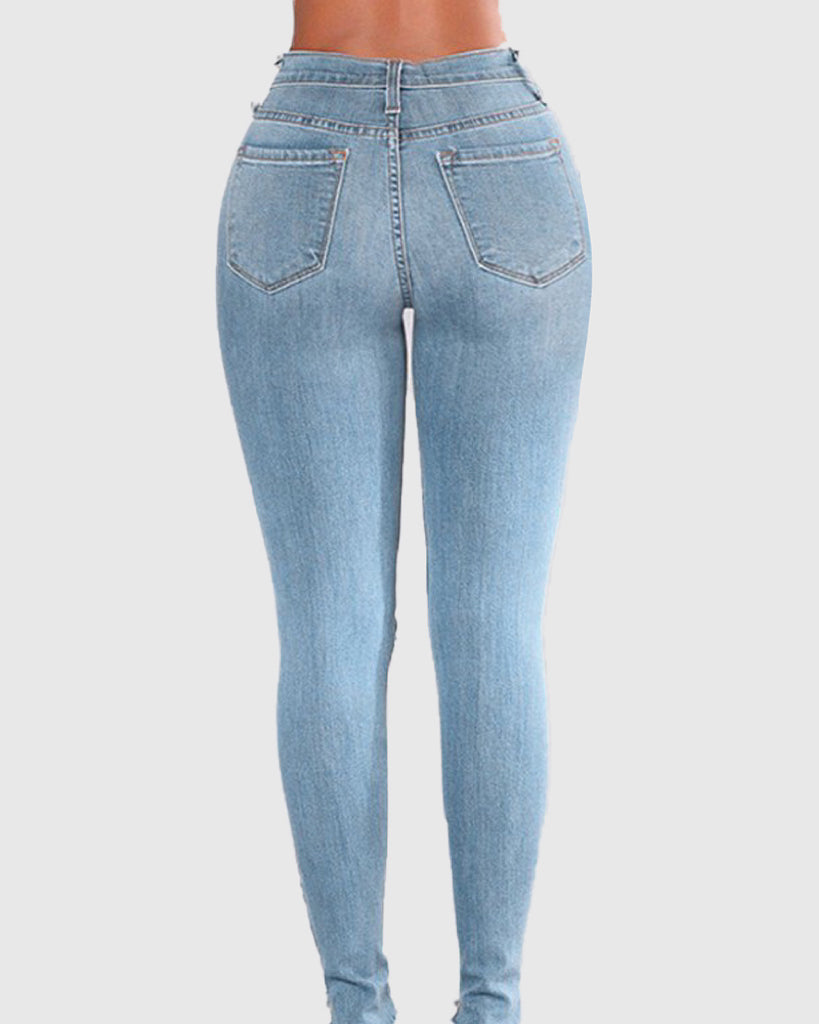 High-waisted Hip-lifting Stretch-leg Ripped Jeans