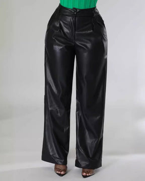 PU Leather Loose Wide-leg Pocket Casual Leather Pants