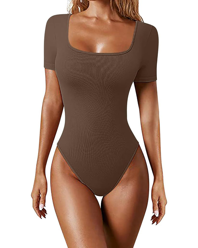 Women's Square Neck Sexy Ribbed Short Sleeve Thong Tummy Control Bodysuits