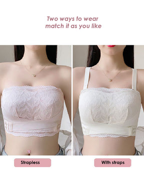 Women's Strapless Lace Tube Top Bra Wireless Front Cross Side Buckles Non-slip Bra