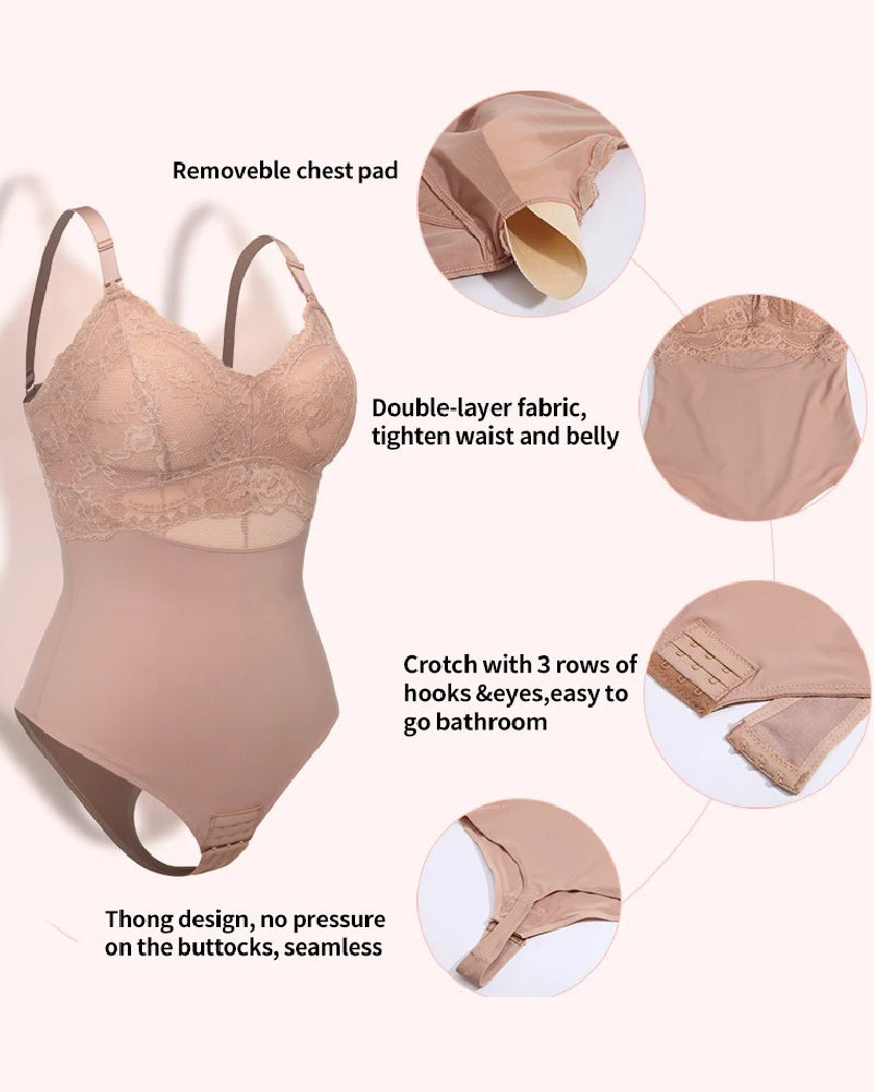 Body de cintura adelgazante de encaje sin costuras, tanga con control de barriga, fajas con sujetador