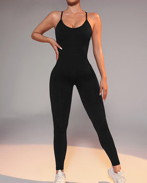 Women's Solid Color Back Cross Adjustable Shoulder Strap Fitness Jumpsuit