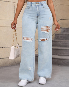 Elegant High Waist Ripped Wide-leg Jeans