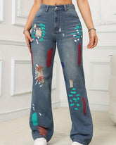 Hip Hop Painted Graffiti Ripped High Waist Straight Simple Versatile Jeans